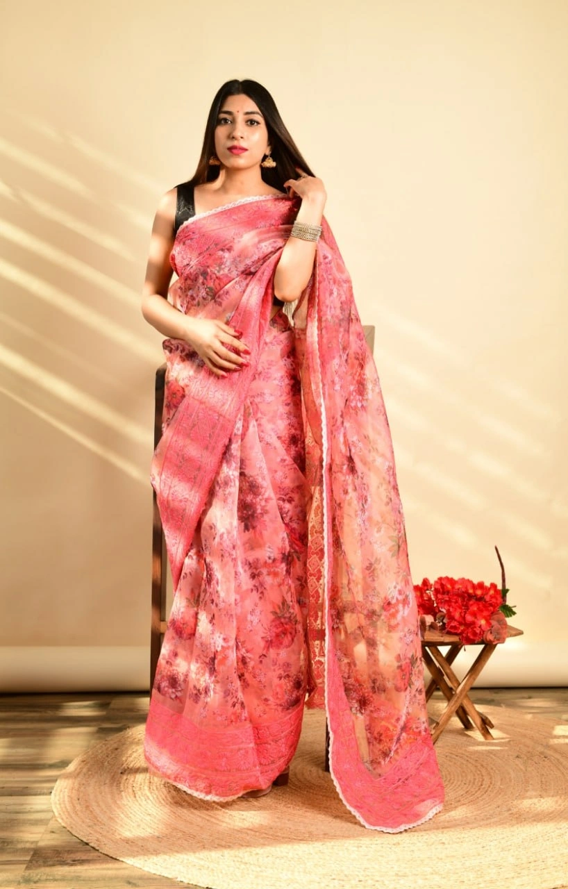 Kashmiri Thread Work Organza Saree with Satin Blouse-Gajri-1