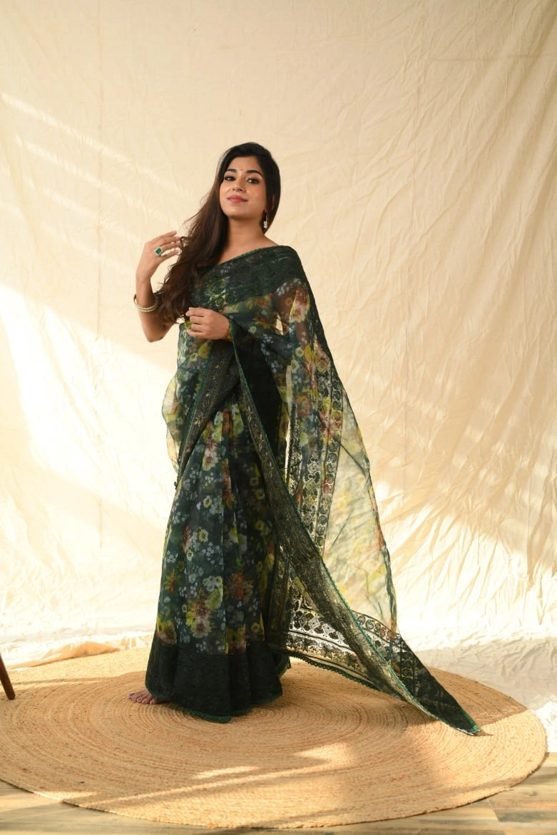 Kashmiri Thread Work Organza Saree with Satin Blouse-RVSG-GUNJAN-DarkGreen