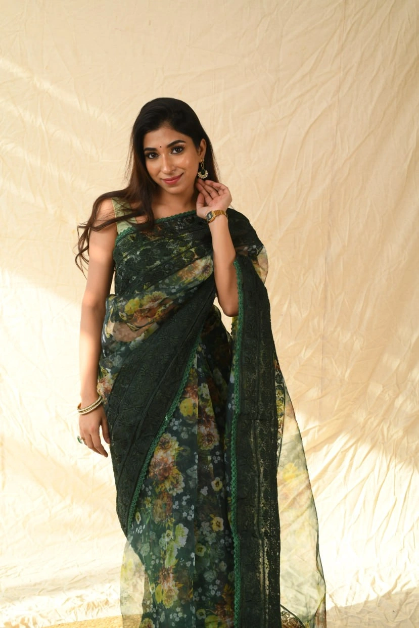 Kashmiri Thread Work Organza Saree with Satin Blouse-Dark Green-1