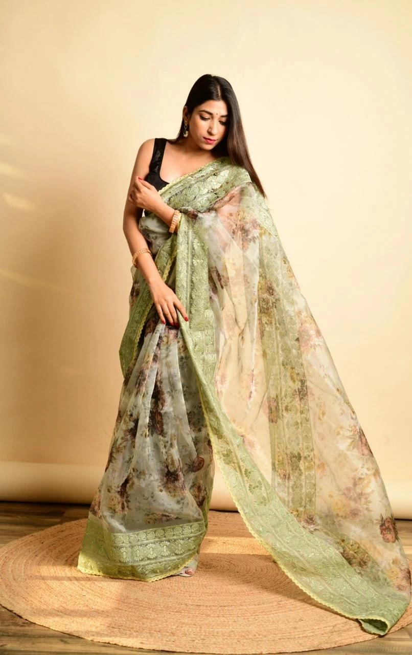 Kashmiri Thread Work Organza Saree with Satin Blouse-Green-1