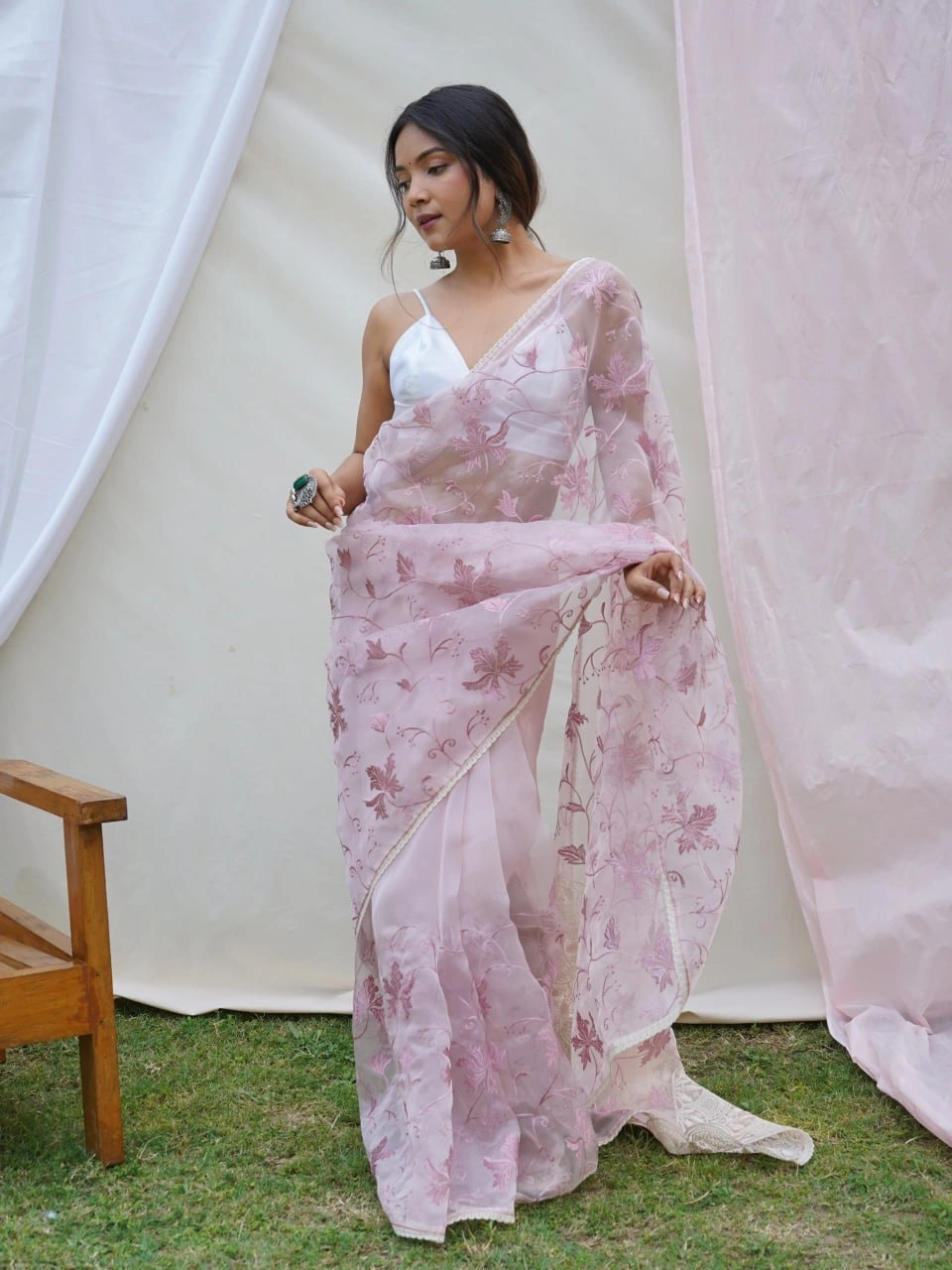 Organza Embroidered Dress with Lace Border - Exquisite Elegance-RVSG-ISHAQ-Pink