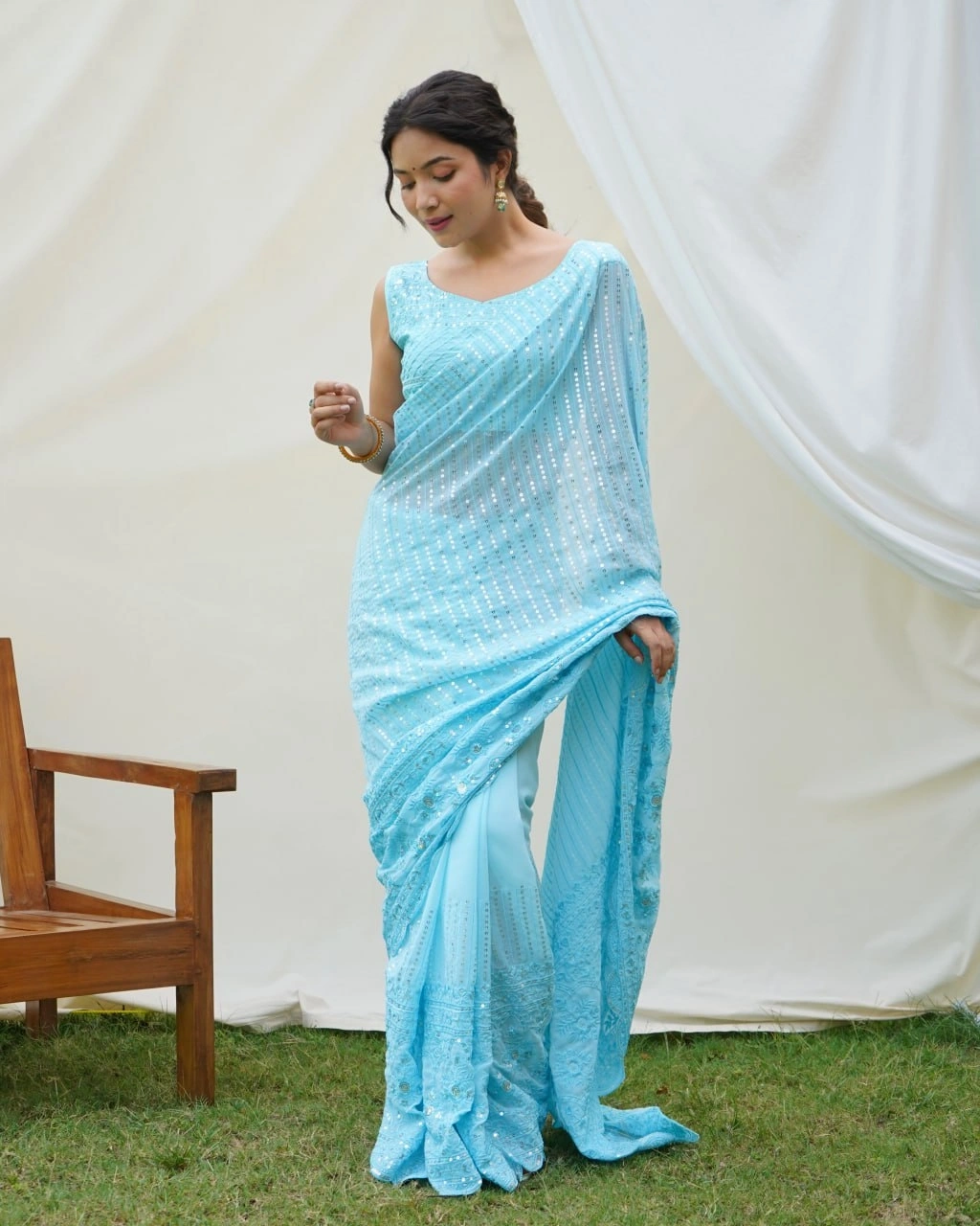 Pure Georgette: Stunning Sequence and Embroidery Work Fashion Masterpiece-Sky Blue-1