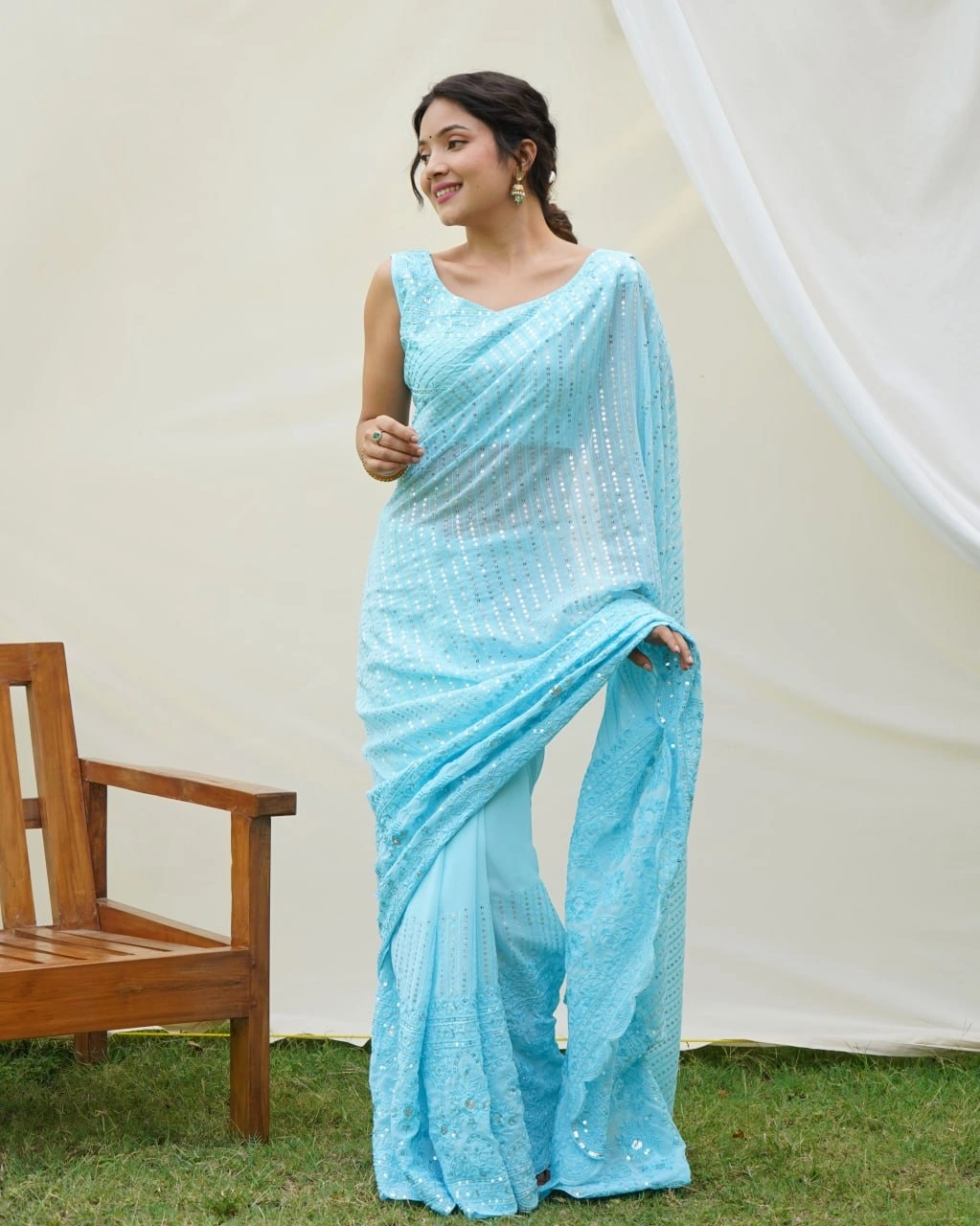 Pure Georgette: Stunning Sequence and Embroidery Work Fashion Masterpiece-Sky Blue-4