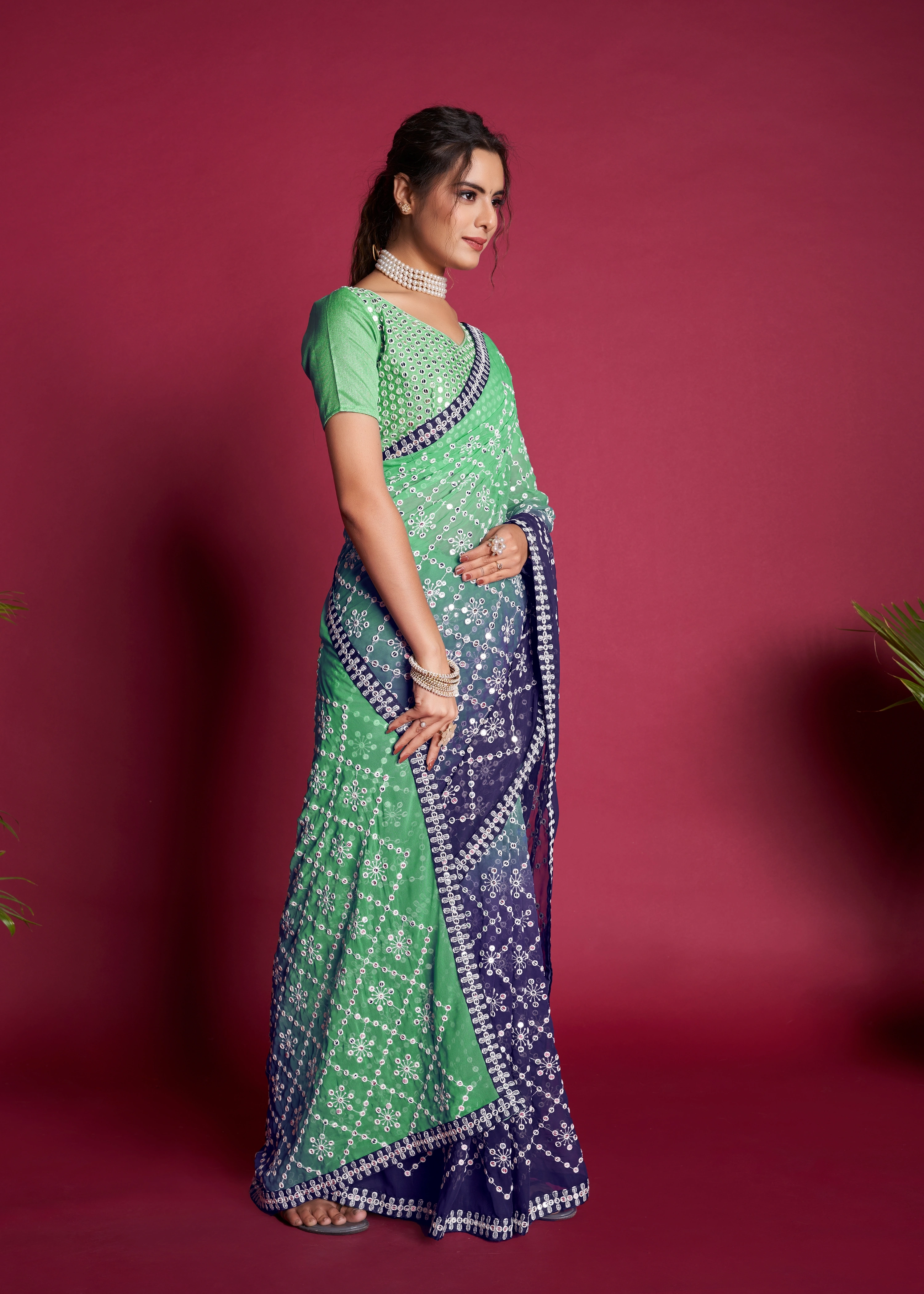 Embroidered Georgette Saree with Designer Blouse-Rama-1