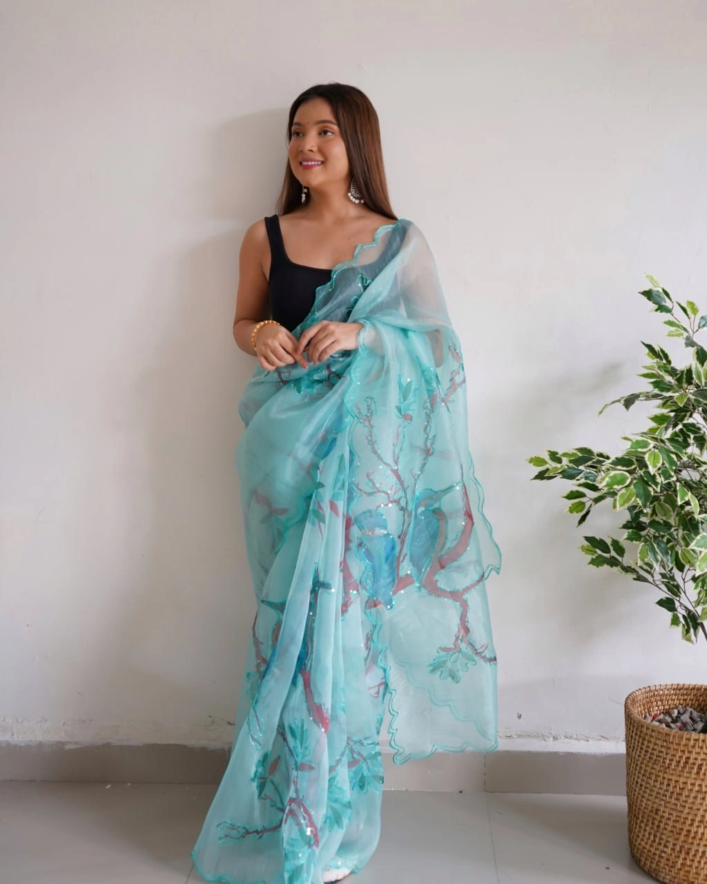 Digital Printed Organza Saree with Arco Cut Work-RVSG-JUNGLE-Rama