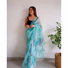 Digital Printed Organza Saree with Arco Cut Work