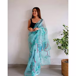 Digital Printed Organza Saree with Arco Cut Work