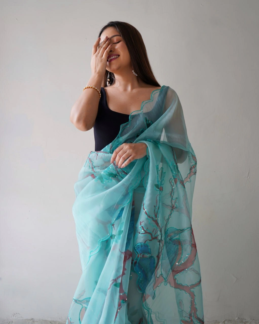 Digital Printed Organza Saree with Arco Cut Work-Rama-1