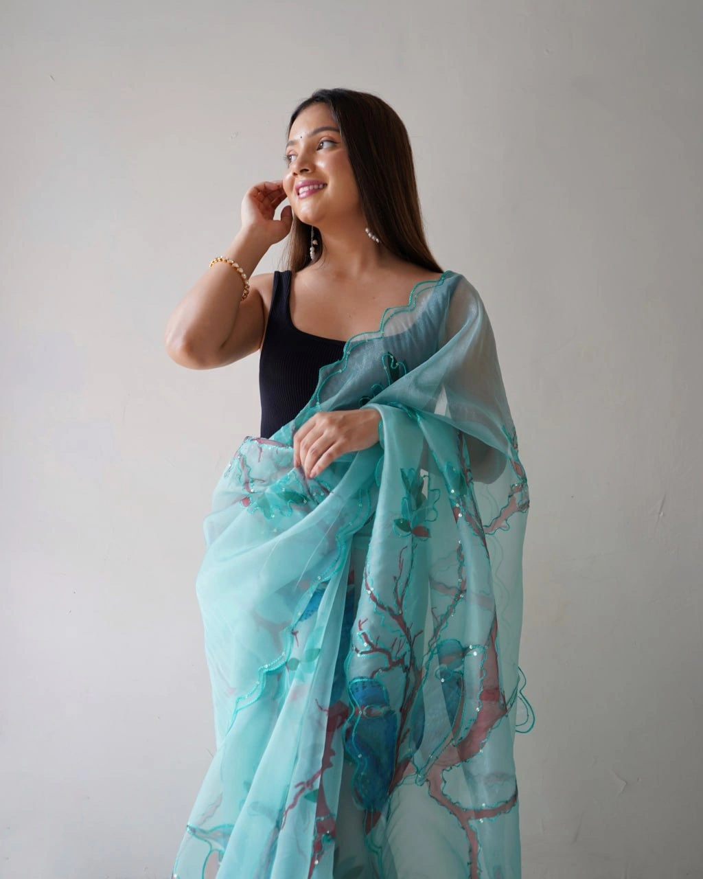 Digital Printed Organza Saree with Arco Cut Work-Rama-2