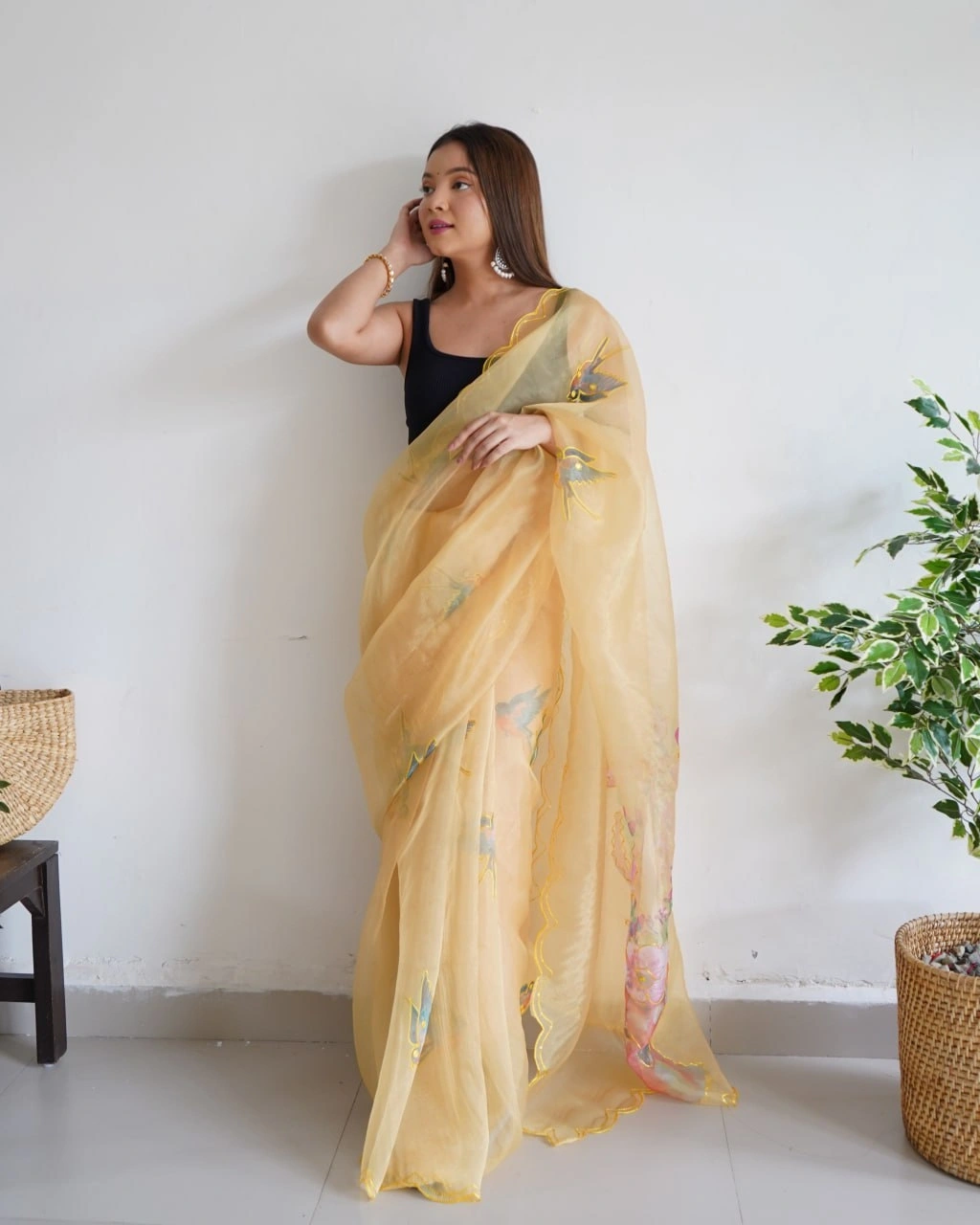 Digital Printed Organza Saree with Arco Cut Work-RVSG-JUNGLE-Cream