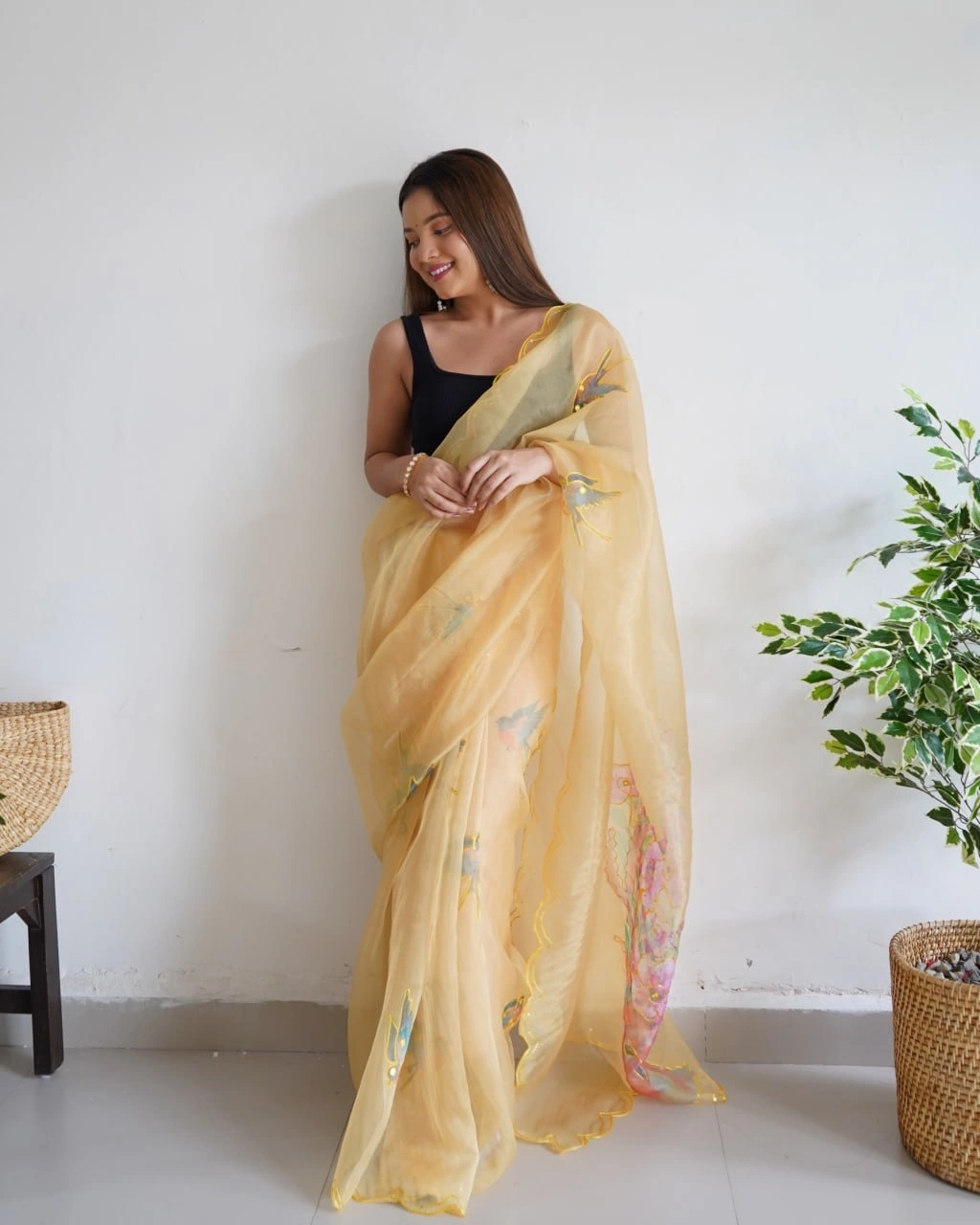 Digital Printed Organza Saree with Arco Cut Work-Cream-1