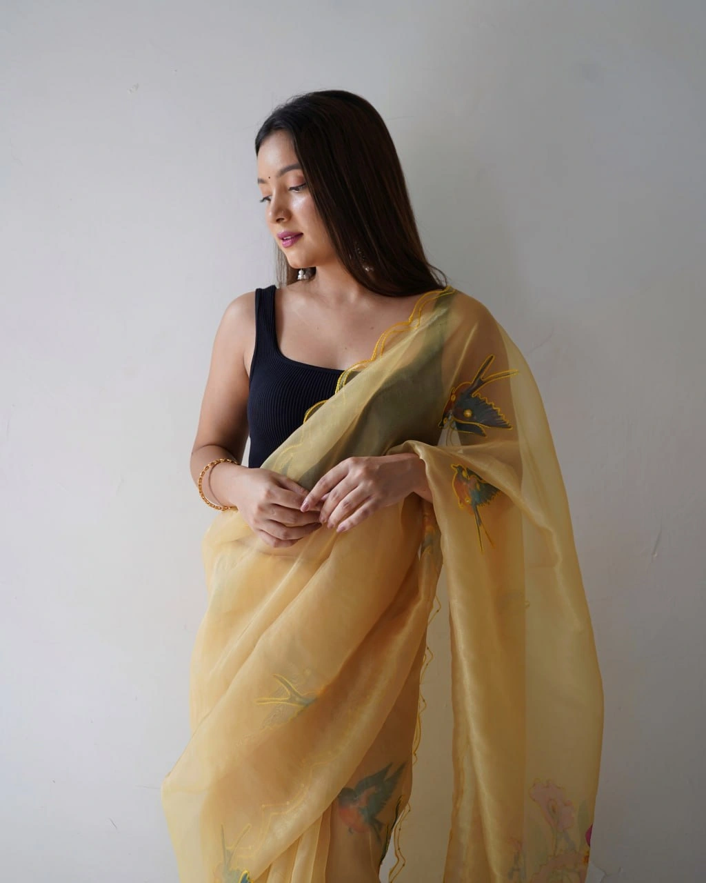 Digital Printed Organza Saree with Arco Cut Work-Cream-2