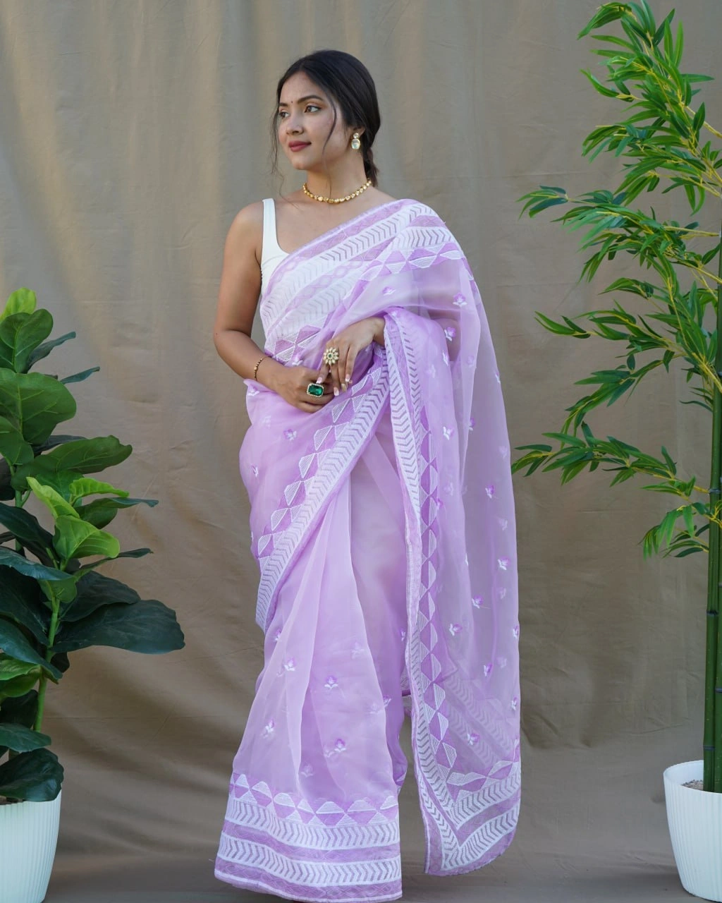 Organza Embroidered Saree with Satin Blouse - Elegant and Timeless-RVSG-KAMAL-Levender