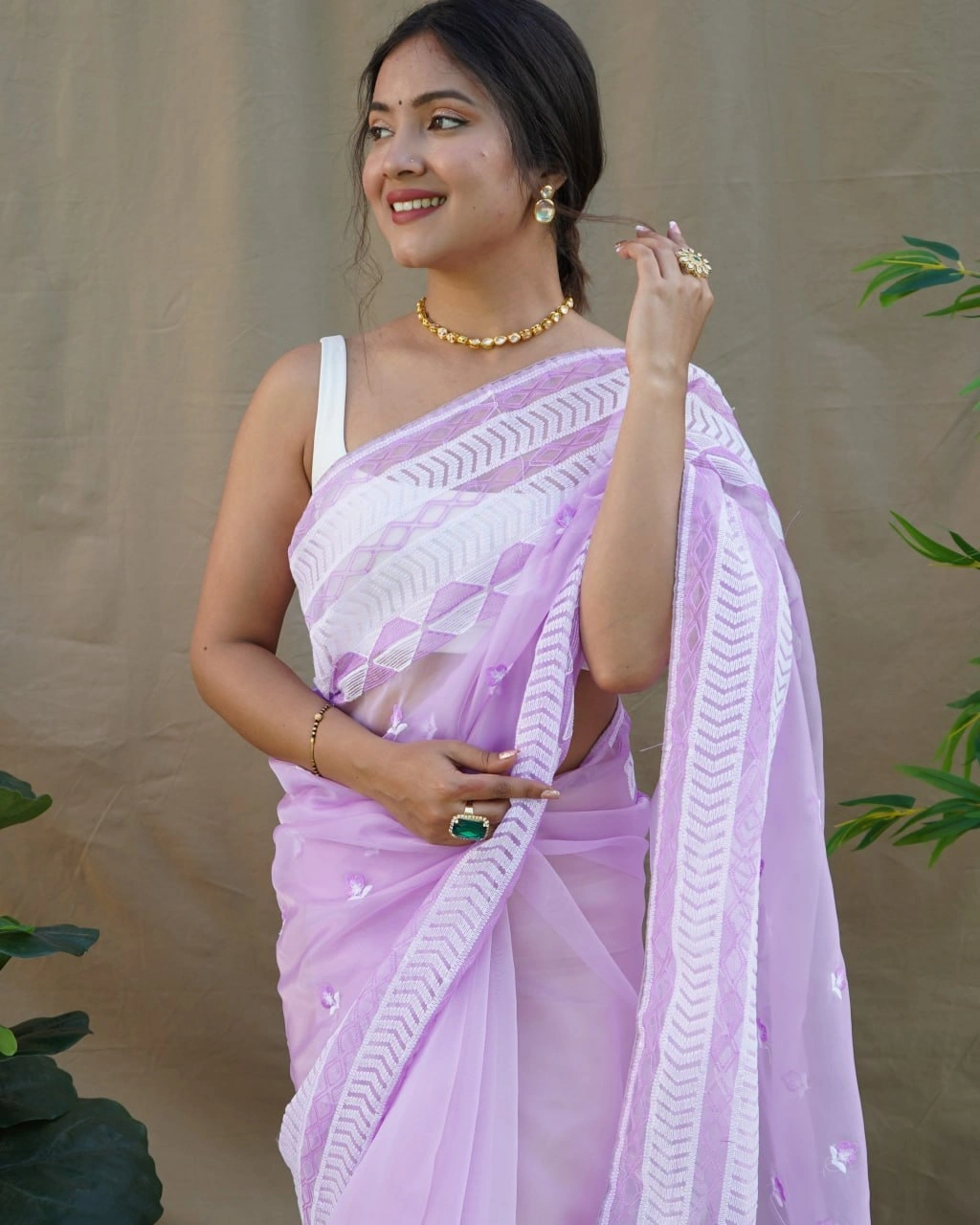 Organza Embroidered Saree with Satin Blouse - Elegant and Timeless-Levender-1