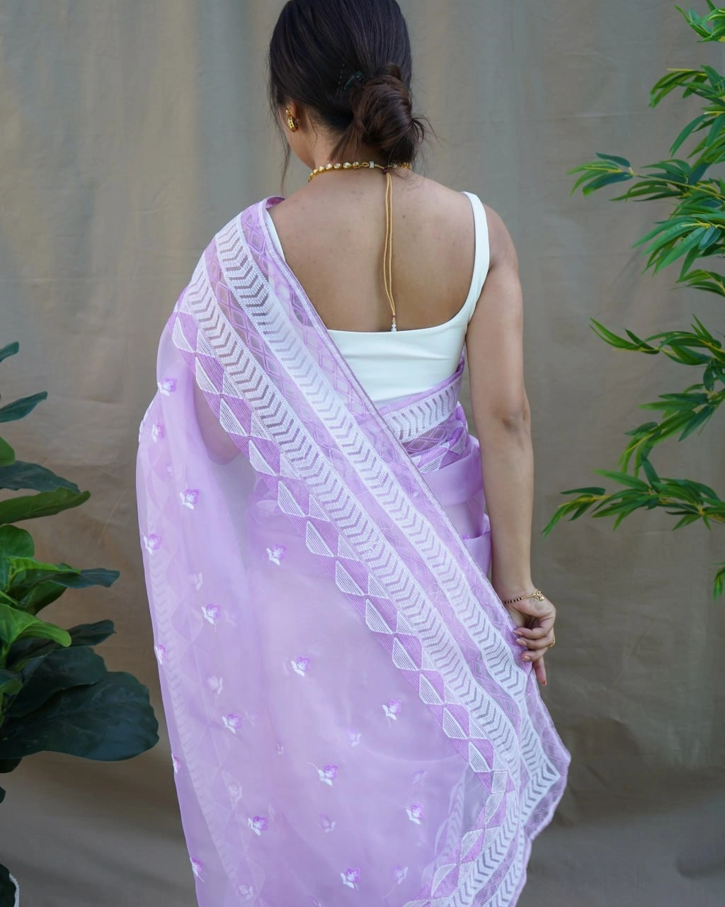 Organza Embroidered Saree with Satin Blouse - Elegant and Timeless-Levender-2