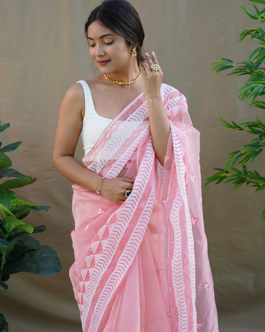 Organza Embroidered Saree with Satin Blouse - Elegant and Timeless-Pink-1