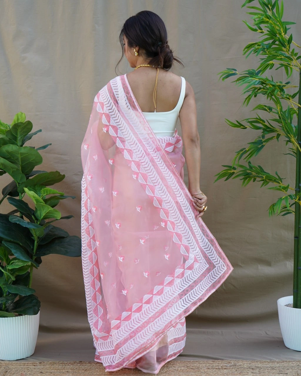 Organza Embroidered Saree with Satin Blouse - Elegant and Timeless-Pink-2