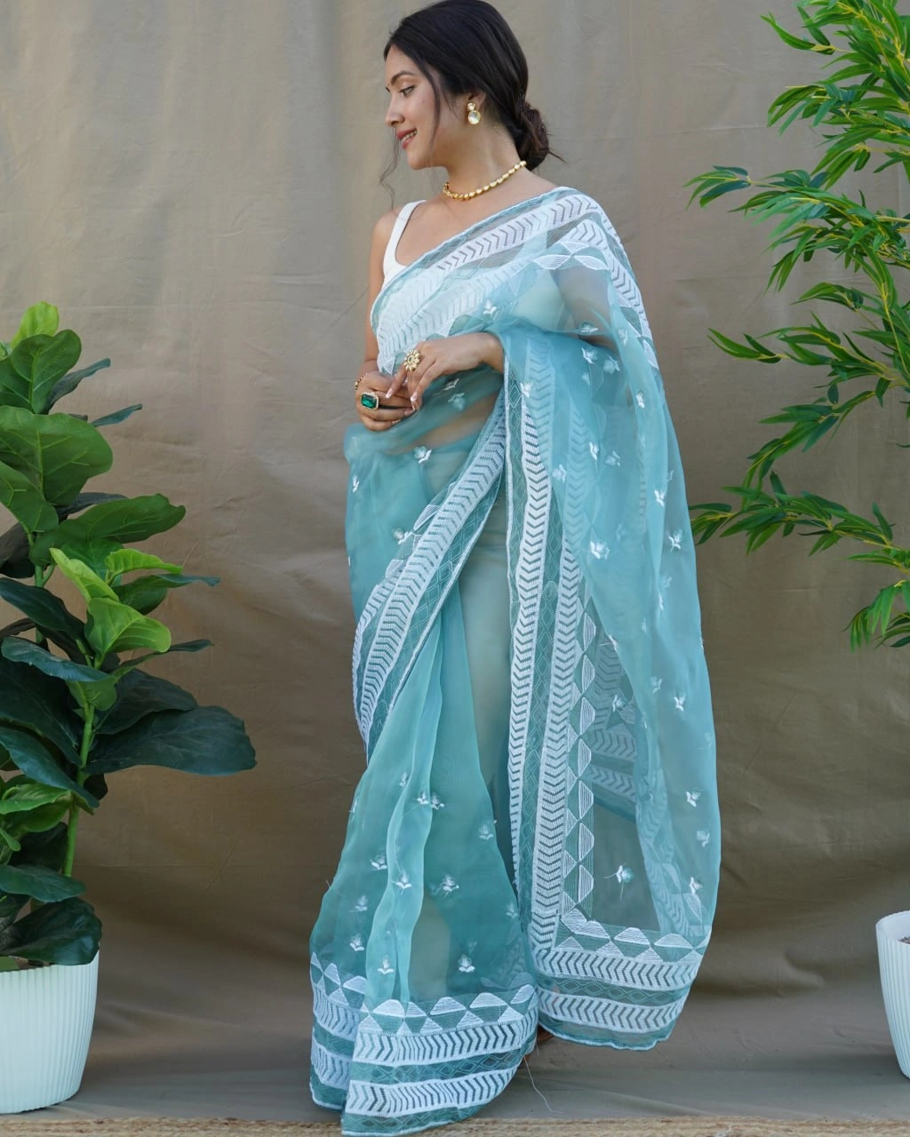 Organza Embroidered Saree with Satin Blouse - Elegant and Timeless-RVSG-KAMAL-SkyBlue