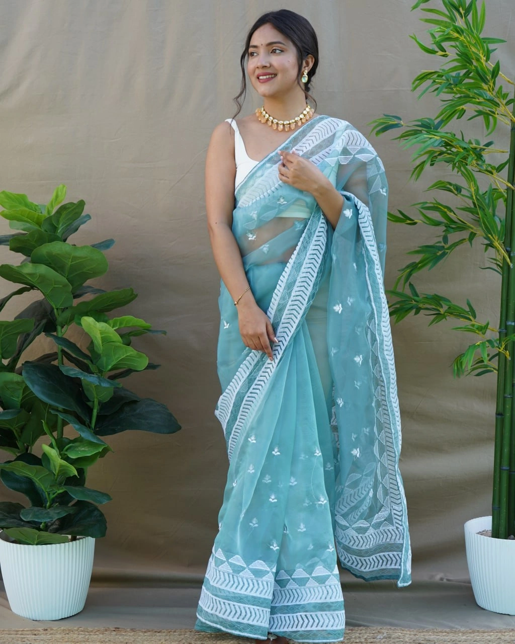 Organza Embroidered Saree with Satin Blouse - Elegant and Timeless-Sky Blue-3