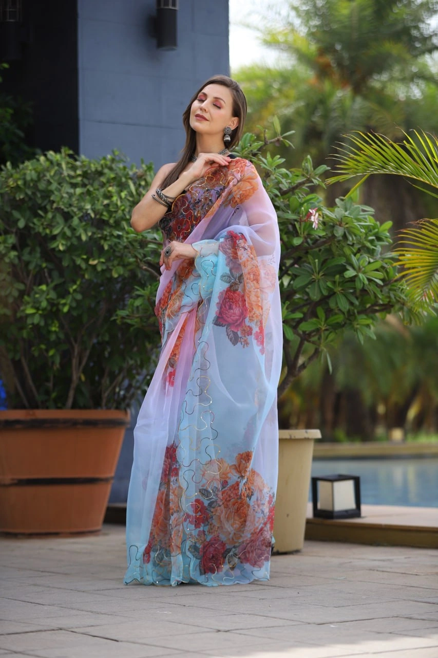 Organza Saree with Digital Print and Cut Work Blouse - Elegant and Alluring-RVSG-LILLY-SkyBlue