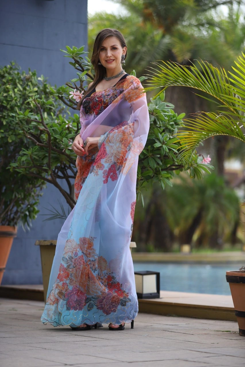 Organza Saree with Digital Print and Cut Work Blouse - Elegant and Alluring-Sky Blue-1