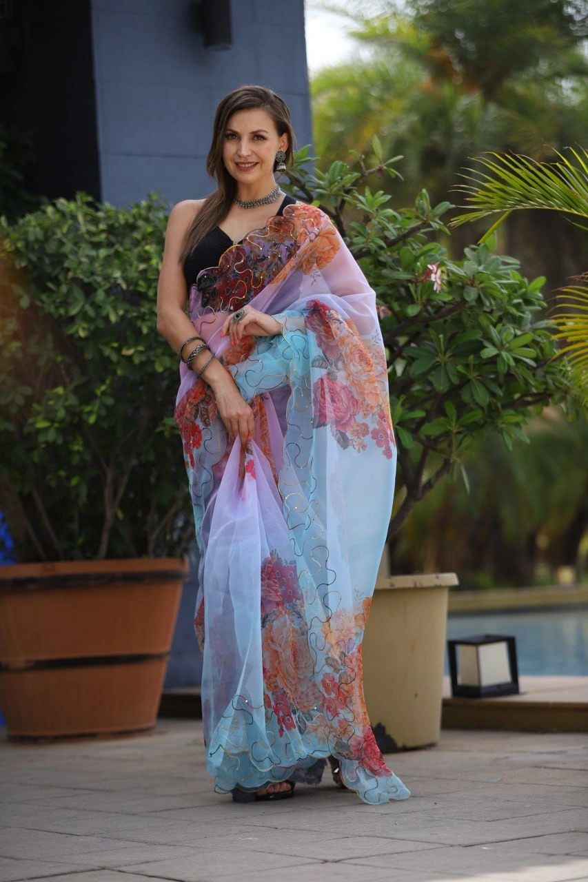 Organza Saree with Digital Print and Cut Work Blouse - Elegant and Alluring-Sky Blue-2