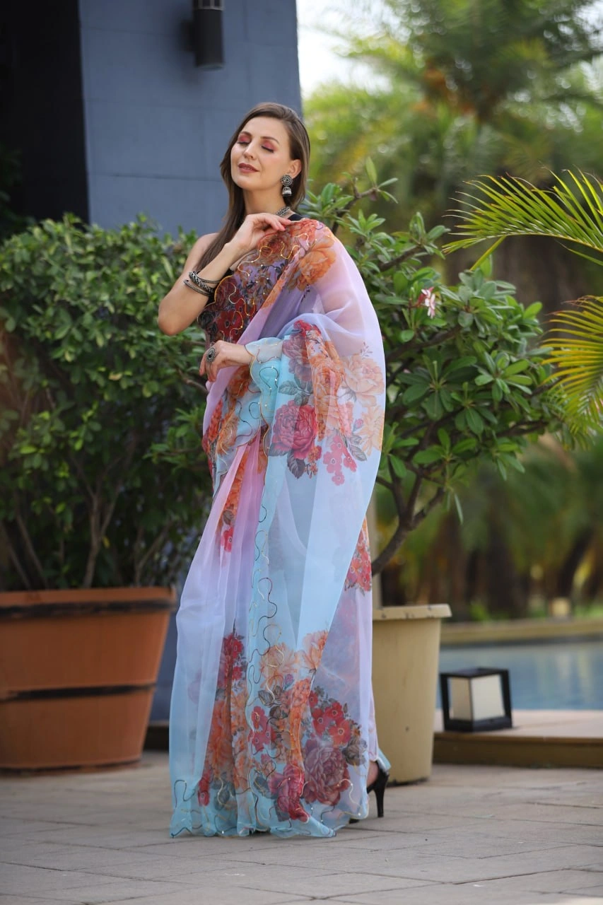 Organza Saree with Digital Print and Cut Work Blouse - Elegant and Alluring-Sky Blue-3