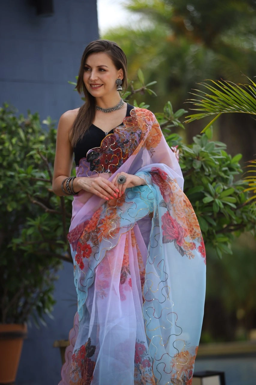 Organza Saree with Digital Print and Cut Work Blouse - Elegant and Alluring-Sky Blue-4