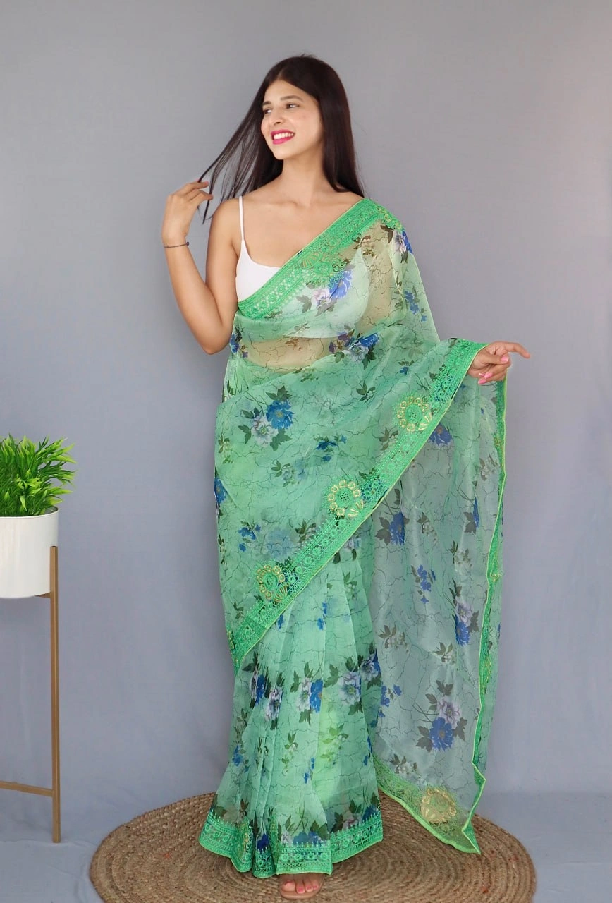 Embroidered Elegance: Stunning Fabric with Digital Print and Embroidery Work-RVSGMAN-MOHINI-Green