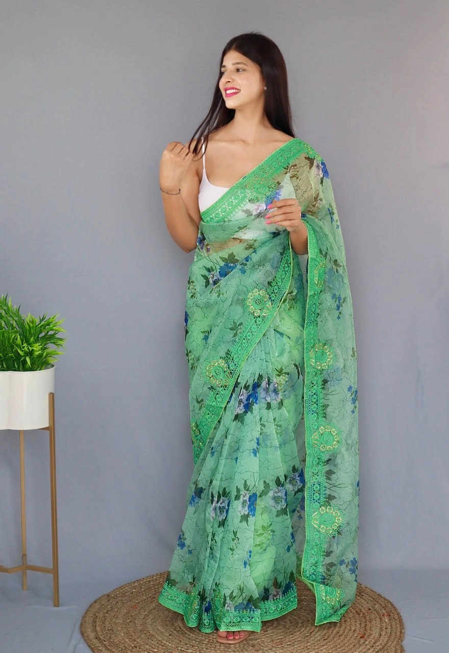 Embroidered Elegance: Stunning Fabric with Digital Print and Embroidery Work-Green-2