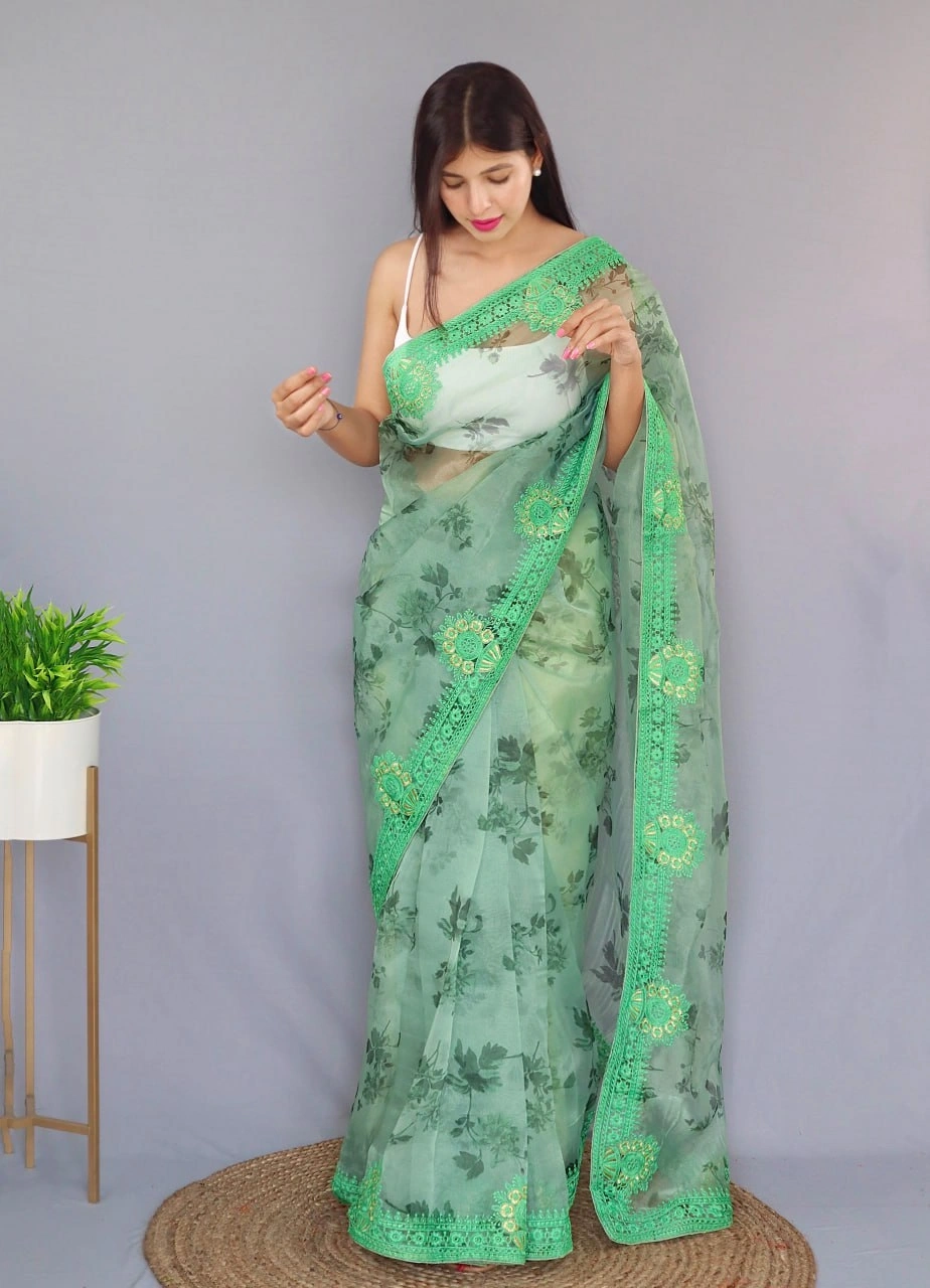 Embroidered Elegance: Stunning Fabric with Digital Print and Embroidery Work-Green-3