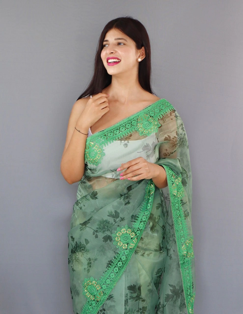 Embroidered Elegance: Stunning Fabric with Digital Print and Embroidery Work-Green-4