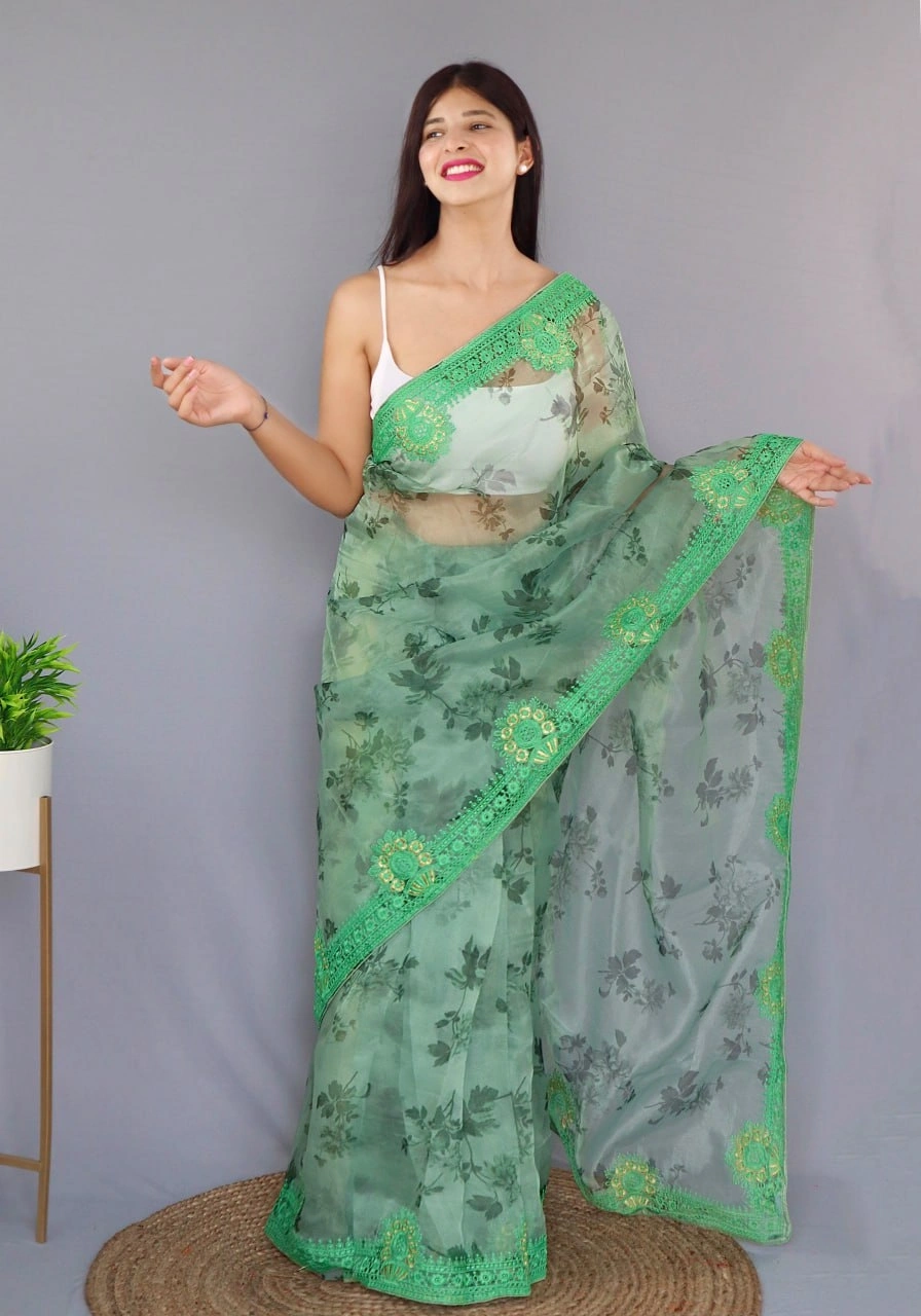 Embroidered Elegance: Stunning Fabric with Digital Print and Embroidery Work-Green-5