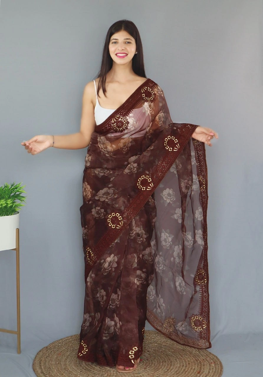 Embroidered Elegance: Stunning Fabric with Digital Print and Embroidery Work-Brown-1