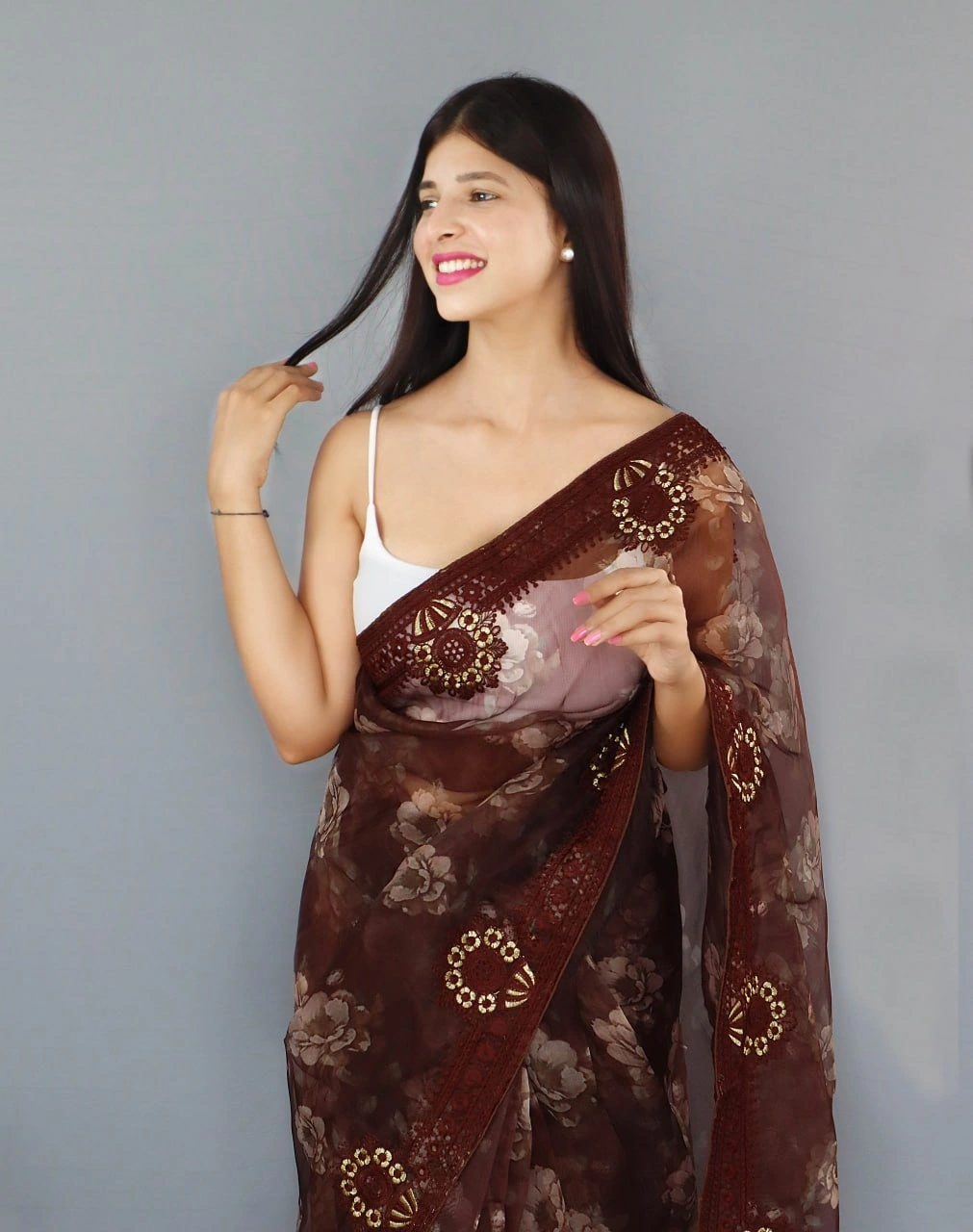 Embroidered Elegance: Stunning Fabric with Digital Print and Embroidery Work-Brown-2