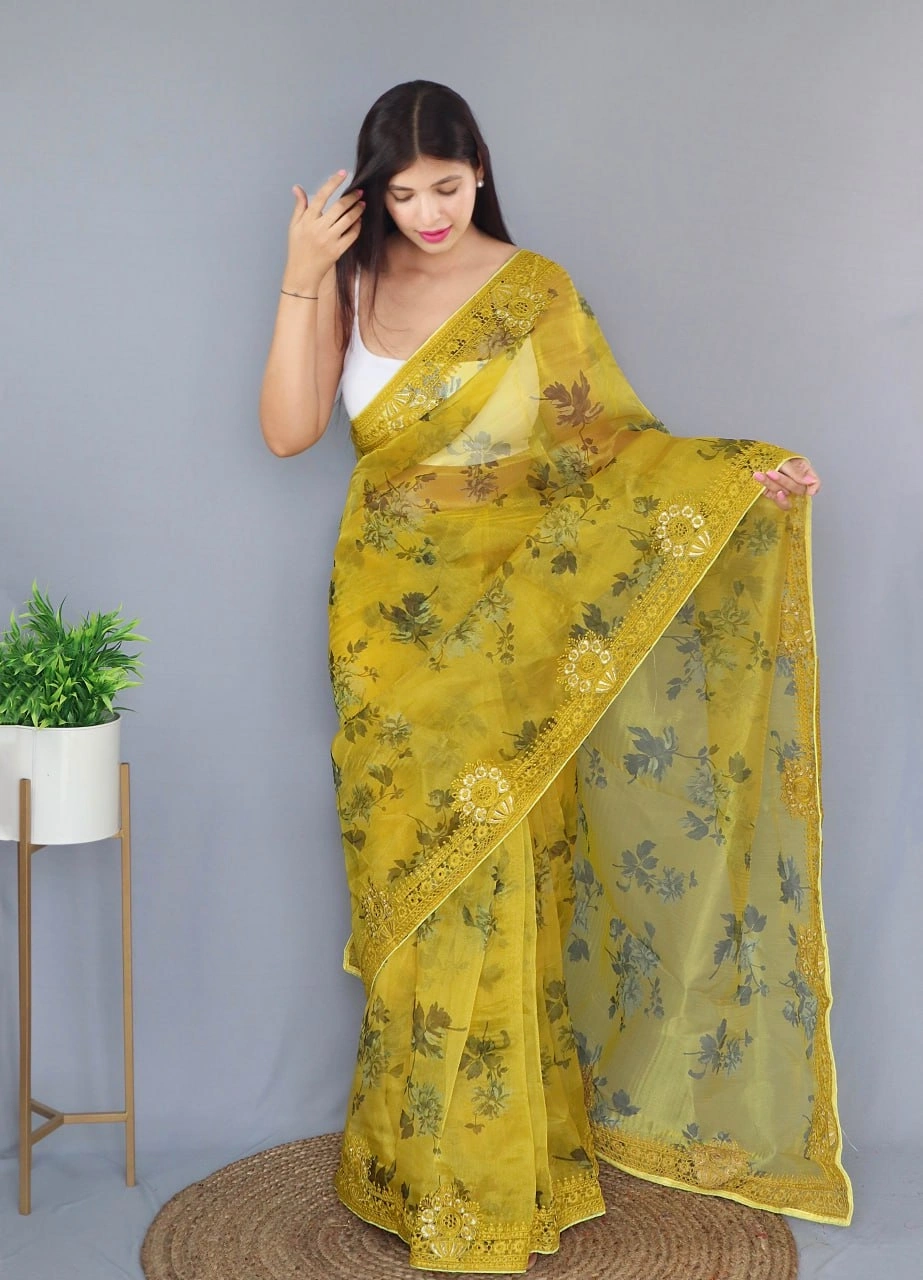 Embroidered Elegance: Stunning Fabric with Digital Print and Embroidery Work-RVSGMAN-MOHINI-Mustard