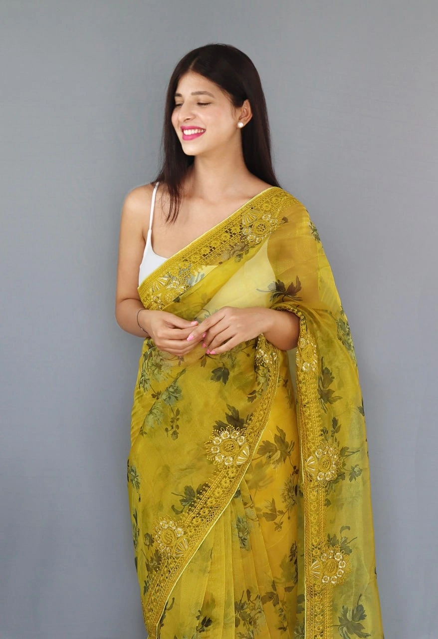 Embroidered Elegance: Stunning Fabric with Digital Print and Embroidery Work-Mustard-1