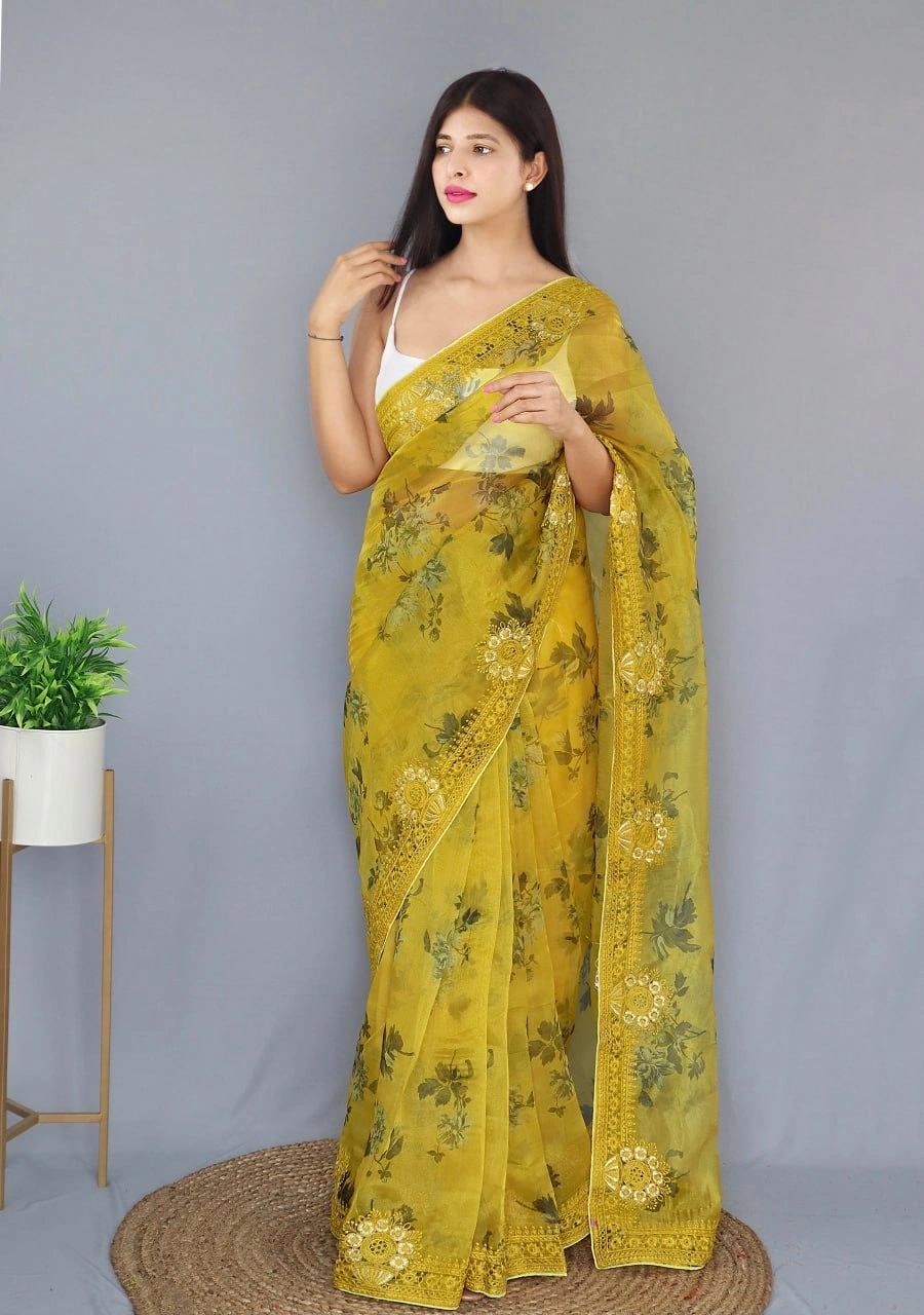 Embroidered Elegance: Stunning Fabric with Digital Print and Embroidery Work-Mustard-2