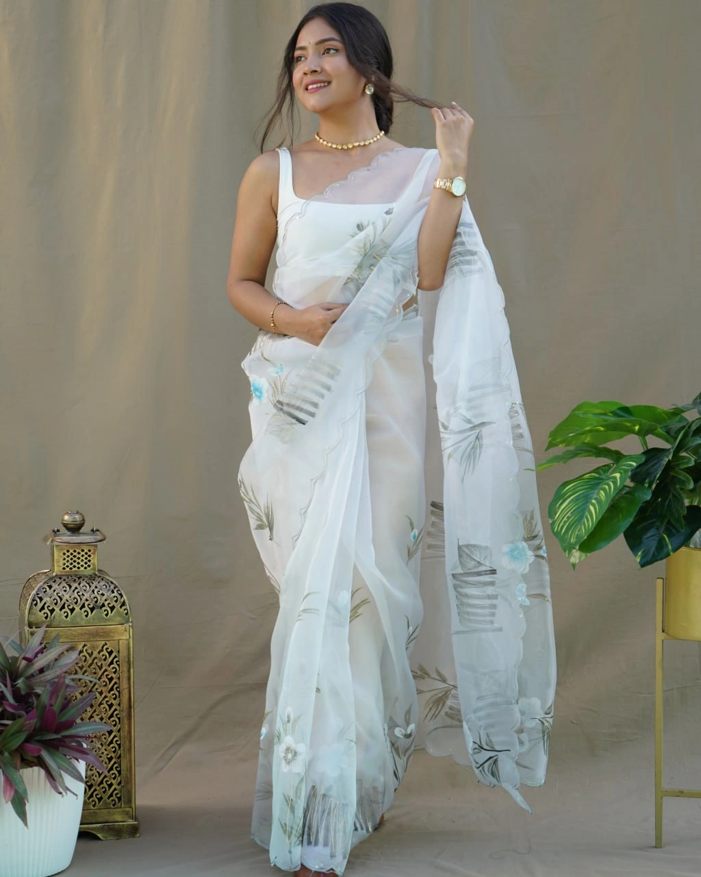 Organza Saree with Cut Work, Digital Print, Foil &amp; Hand Printed Blouse (White)-RVSG-MENKA-White