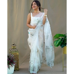 YNF Organza Saree with Cut Work, Digital Print, Foil & Hand Printed Blouse (White)