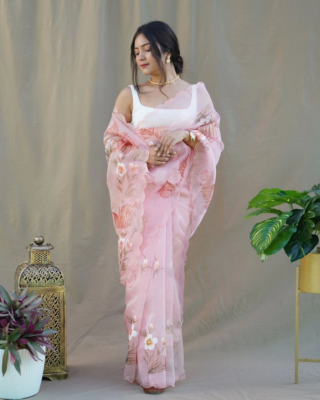 Organza Saree with Cut Work, Digital Print, Foil &amp; Hand Printed Blouse (White)-RVSG-MENKA-Pink