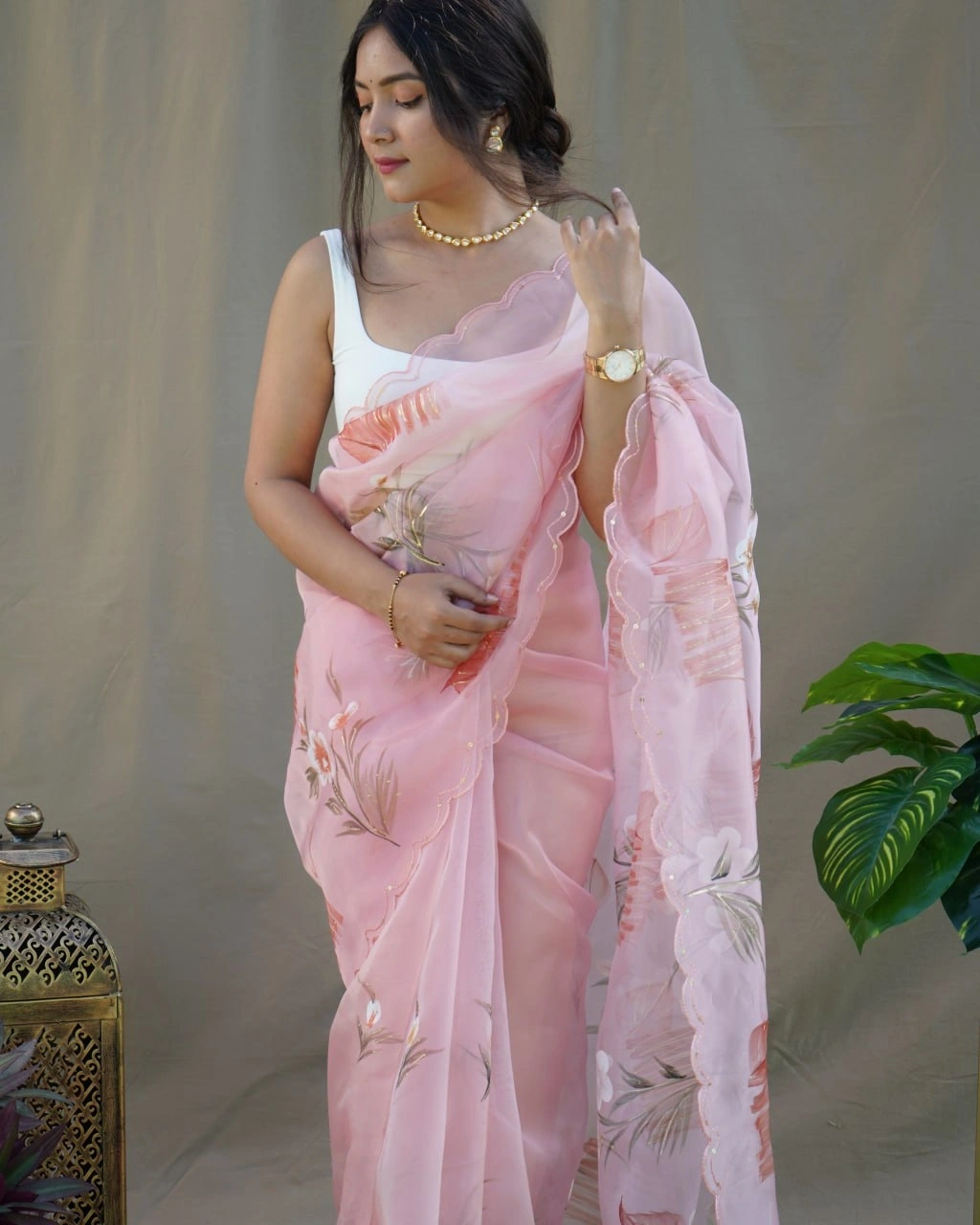 Organza Saree with Cut Work, Digital Print, Foil &amp; Hand Printed Blouse (White)-Pink-1