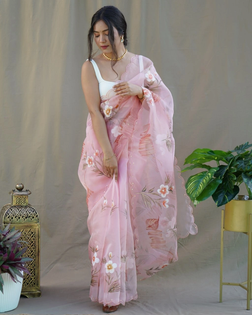 Organza Saree with Cut Work, Digital Print, Foil &amp; Hand Printed Blouse (White)-Pink-2