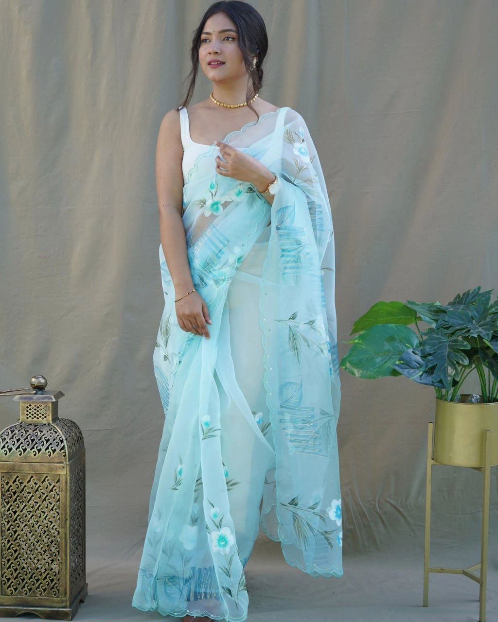 Organza Saree with Cut Work, Digital Print, Foil &amp; Hand Printed Blouse (White)-RVSG-MENKA-Rama