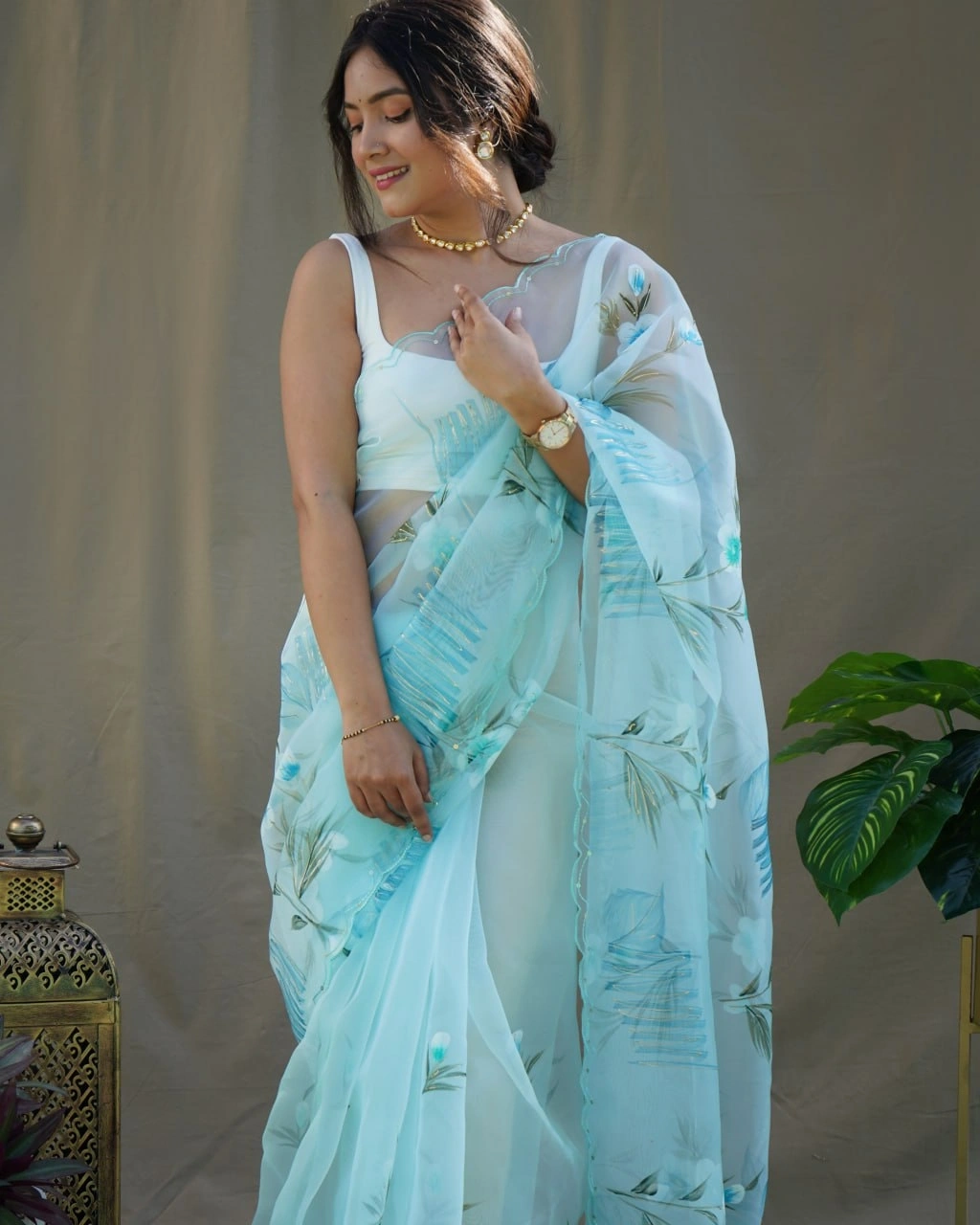 Organza Saree with Cut Work, Digital Print, Foil &amp; Hand Printed Blouse (White)-Rama-1