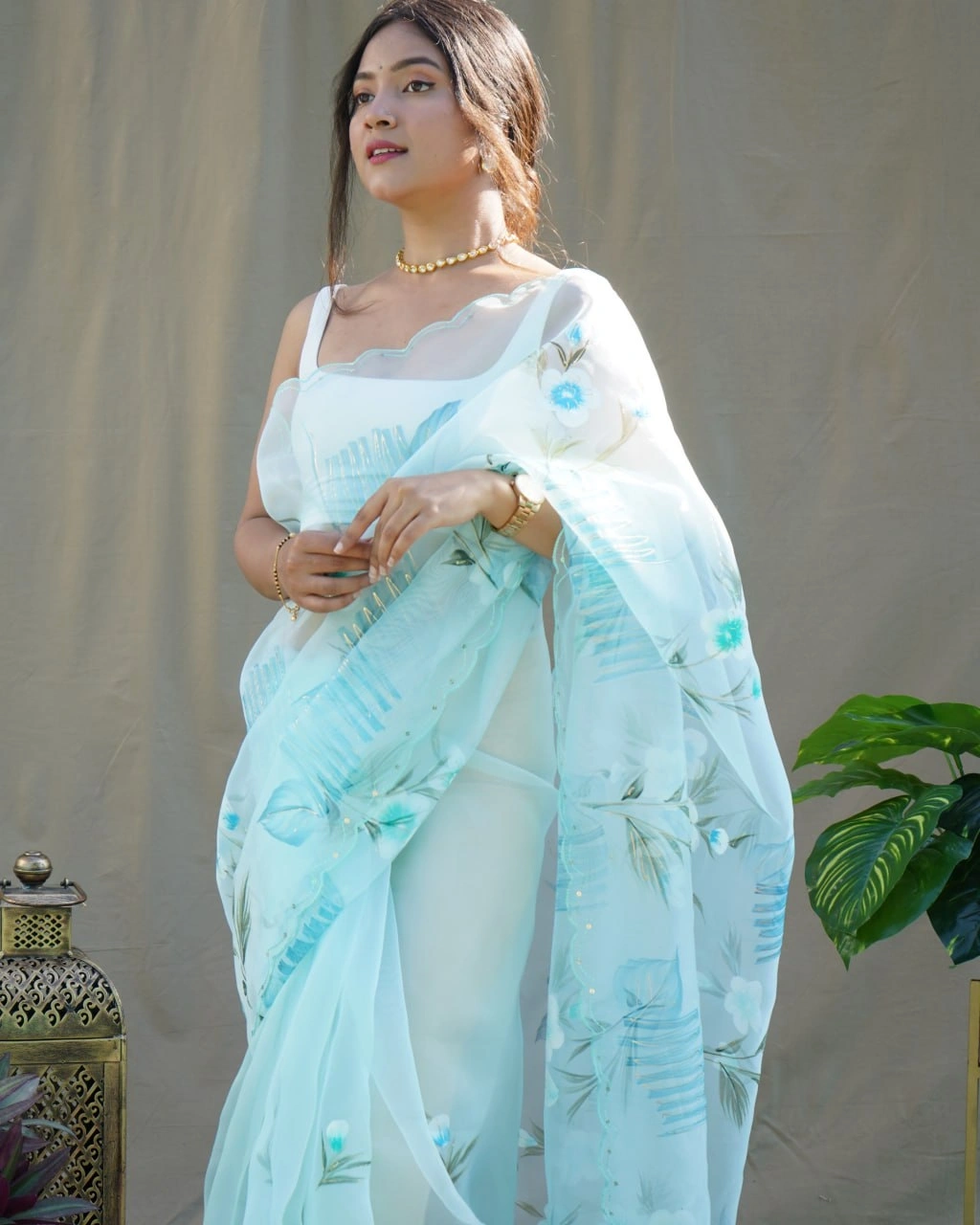 Organza Saree with Cut Work, Digital Print, Foil &amp; Hand Printed Blouse (White)-Rama-2