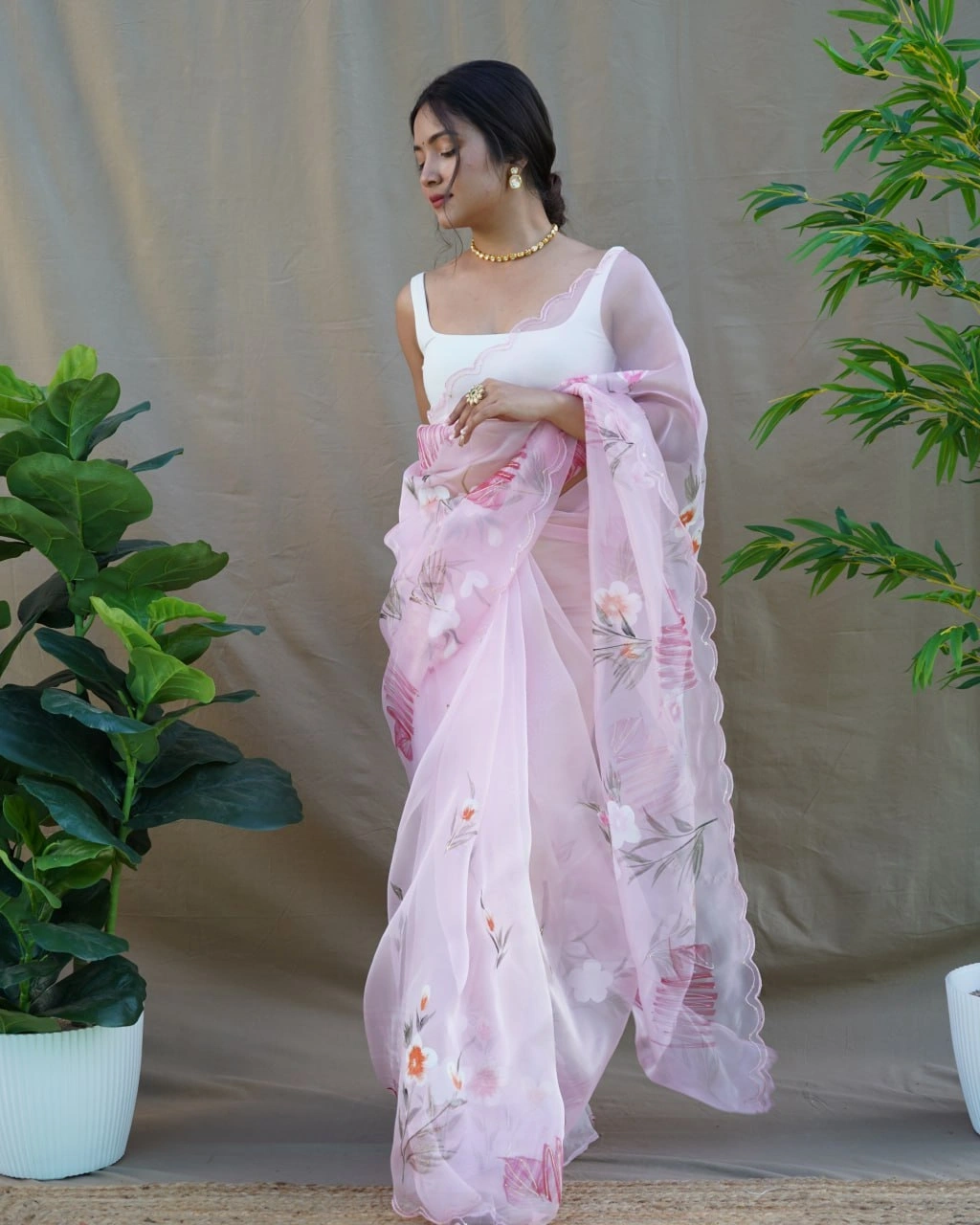 Organza Saree with Cut Work, Digital Print, Foil &amp; Hand Printed Blouse (White)-RVSG-MENKA-Purple