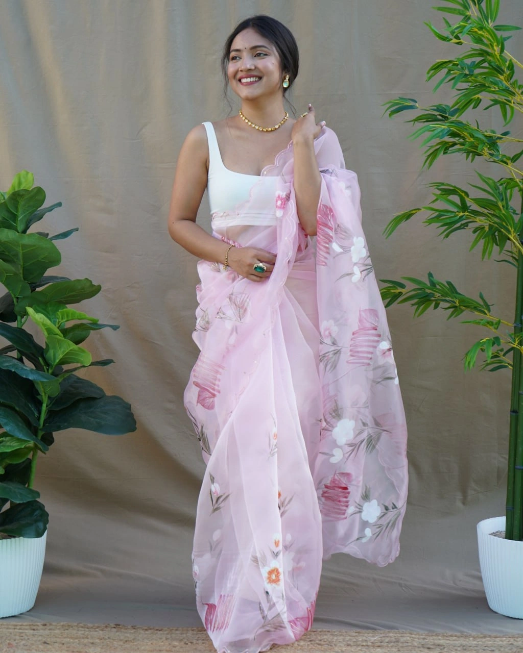 Organza Saree with Cut Work, Digital Print, Foil &amp; Hand Printed Blouse (White)-Purple-2