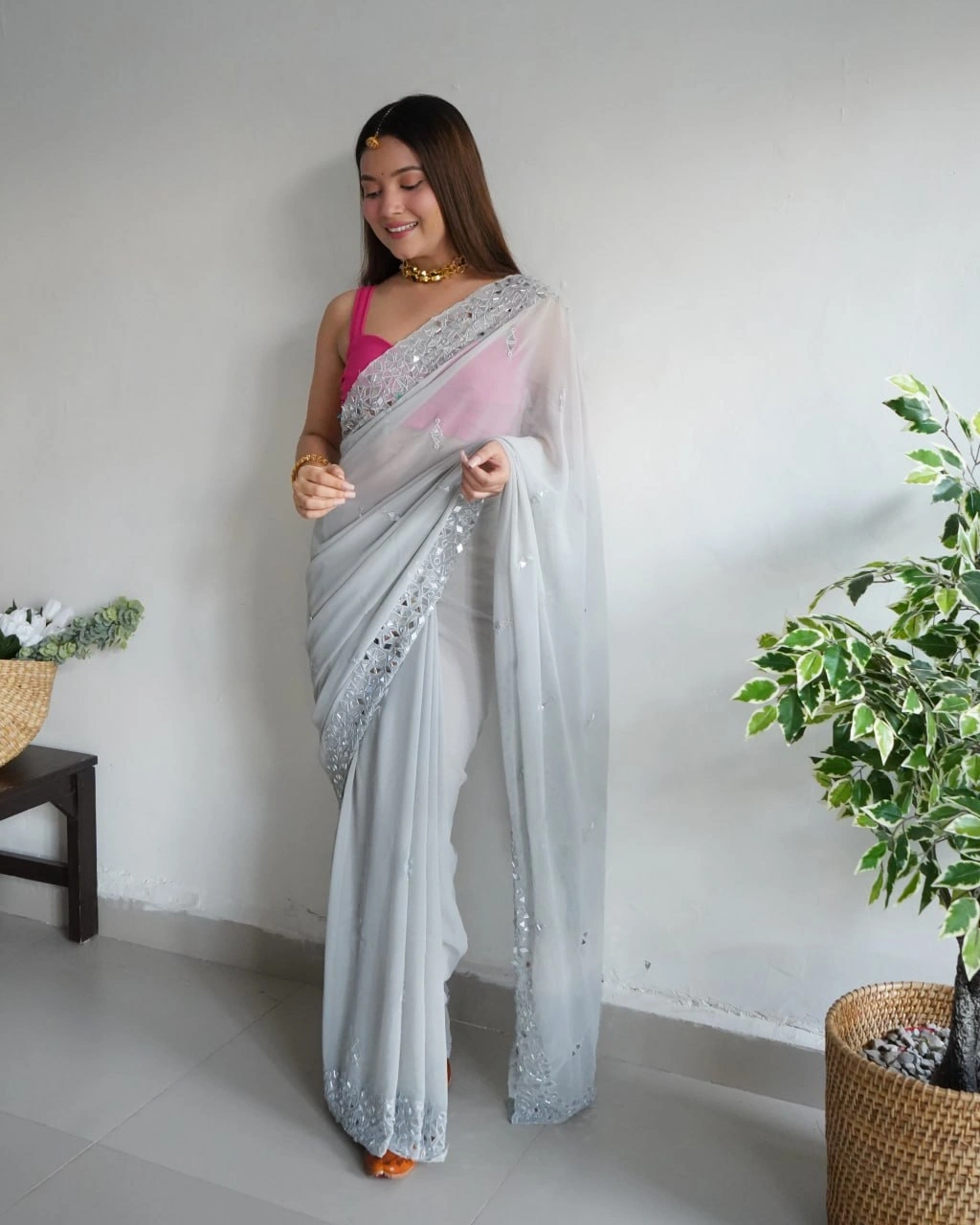 Mirrored Georgette: Embroidered Elegance-Grey-2