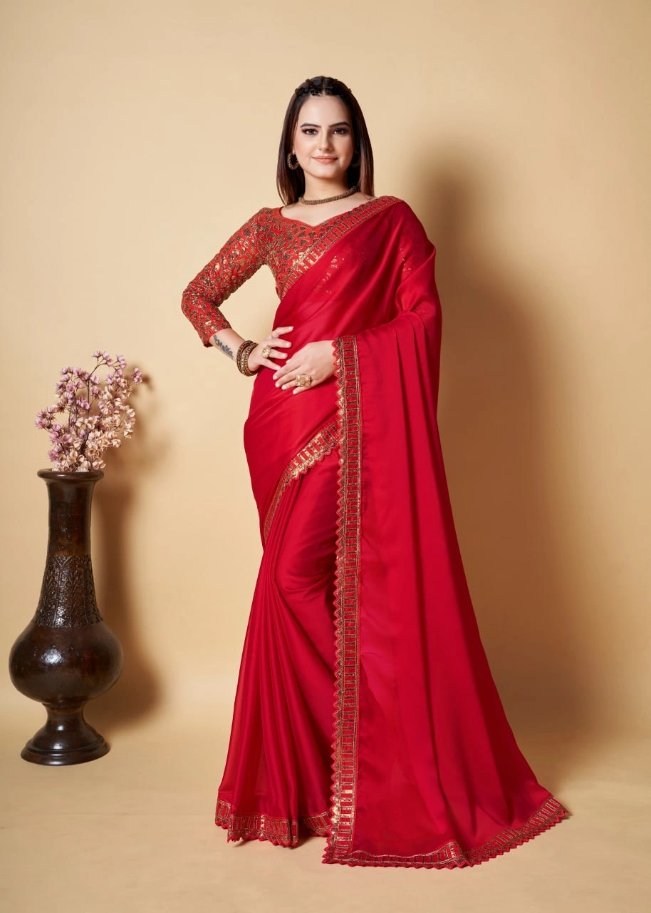 Rangoli Work Lace Border Saree with Designer Blouse: Elegant and Unique-RVSGMONILACE-Red